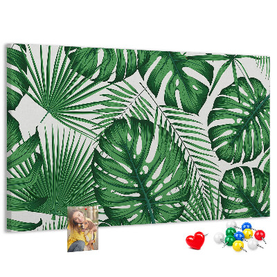 Pizarra de corcho con diseño de hojas de plantas tropicales verdes