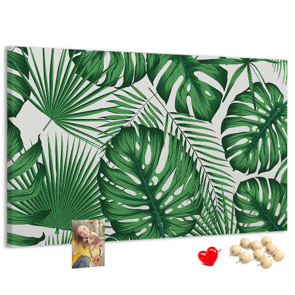 Pizarra de corcho con diseño de hojas de plantas tropicales verdes