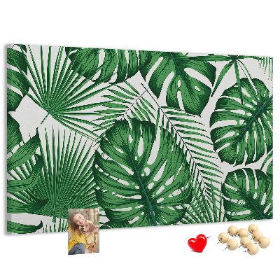Pizarra de corcho con diseño de hojas de plantas tropicales verdes
