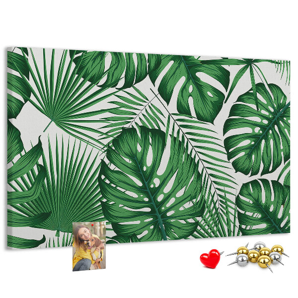 Pizarra de corcho con diseño de hojas de plantas tropicales verdes