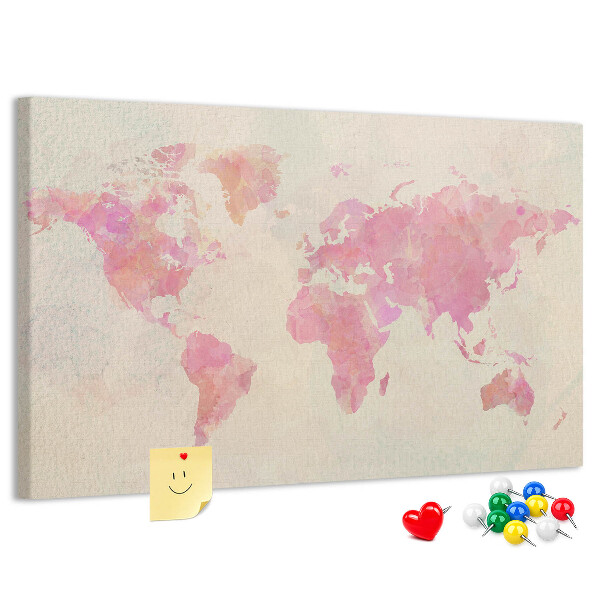 Tablero de corcho decorado mapa del mundo en tonos pastel al estilo acuarela