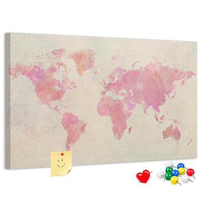 Tablero de corcho decorado Mapa del mundo en tonos pastel al estilo acuarela.