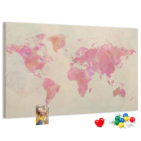 Tablero de corcho decorado mapa del mundo en tonos pastel al estilo acuarela