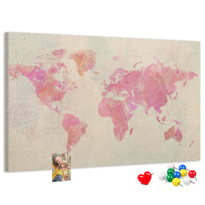 Tablero de corcho decorado mapa del mundo en tonos pastel al estilo acuarela