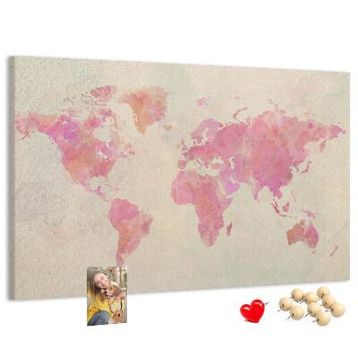 Tablero de corcho decorado mapa del mundo en tonos pastel al estilo acuarela