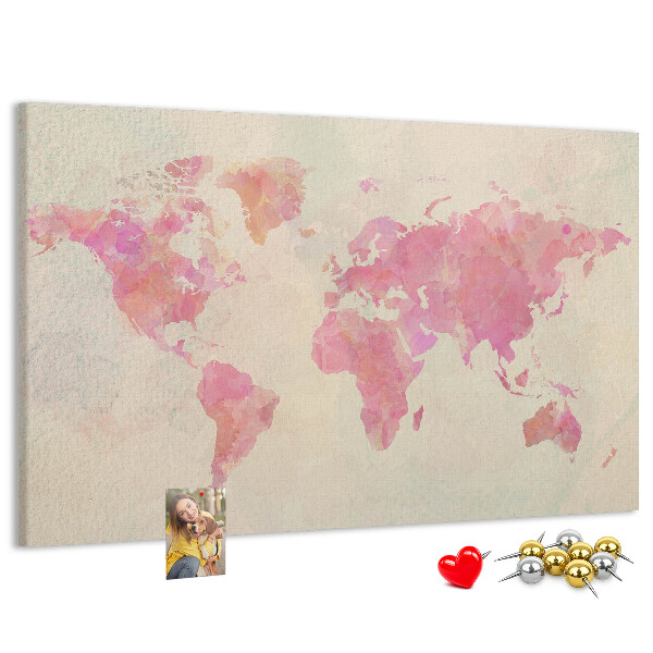 Tablero de corcho decorado mapa del mundo en tonos pastel al estilo acuarela