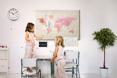 Tablero de corcho decorado mapa del mundo en tonos pastel al estilo acuarela