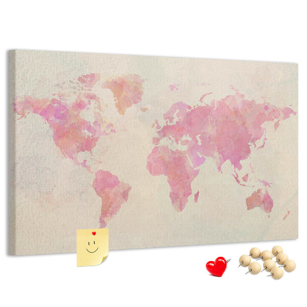 Tablero de corcho decorado mapa del mundo en tonos pastel al estilo acuarela
