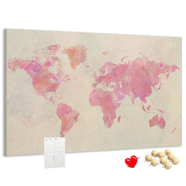 Tablero de corcho decorado mapa del mundo en tonos pastel al estilo acuarela