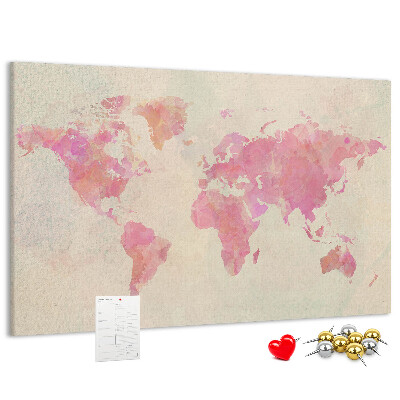 Tablero de corcho decorado mapa del mundo en tonos pastel al estilo acuarela
