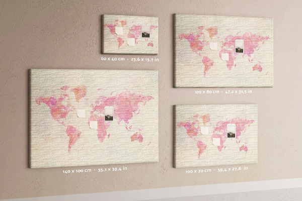 Tablero de corcho decorado mapa del mundo en tonos pastel al estilo acuarela
