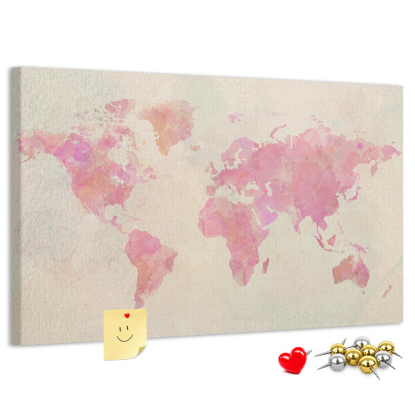 Tablero de corcho decorado mapa del mundo en tonos pastel al estilo acuarela