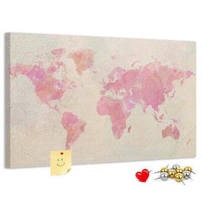 Tablero de corcho decorado mapa del mundo en tonos pastel al estilo acuarela