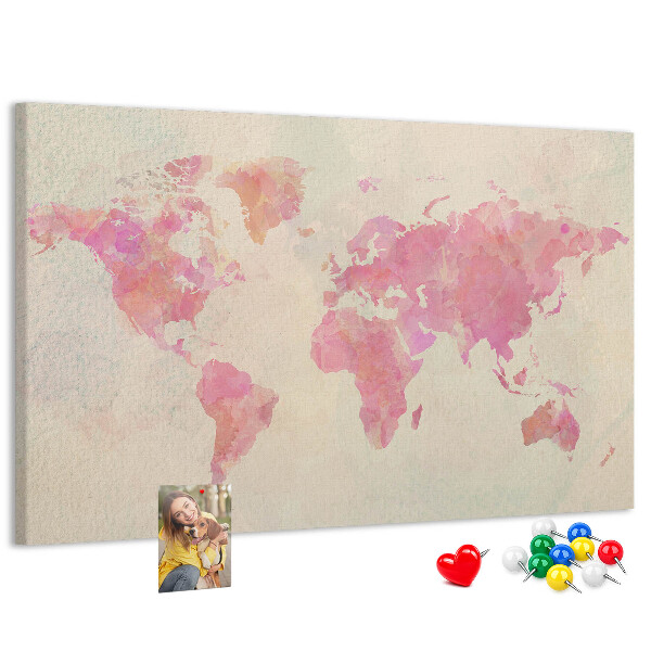 Tablero de corcho decorado mapa del mundo en tonos pastel al estilo acuarela