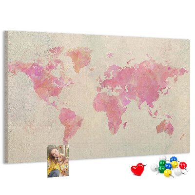 Tablero de corcho decorado mapa del mundo en tonos pastel al estilo acuarela