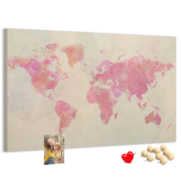 Tablero de corcho decorado mapa del mundo en tonos pastel al estilo acuarela