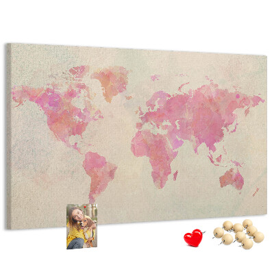 Tablero de corcho decorado mapa del mundo en tonos pastel al estilo acuarela