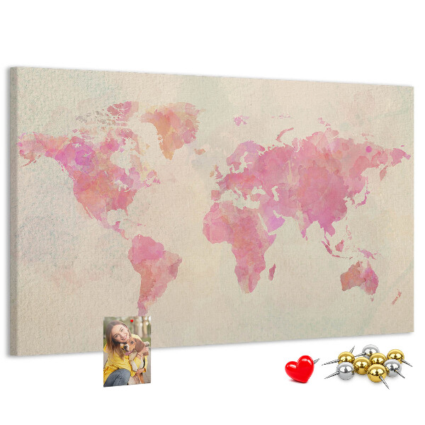 Tablero de corcho decorado mapa del mundo en tonos pastel al estilo acuarela