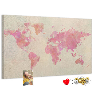 Tablero de corcho decorado mapa del mundo en tonos pastel al estilo acuarela