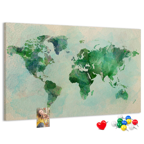 Tablero de anuncios mapa del mundo en acuarela verde