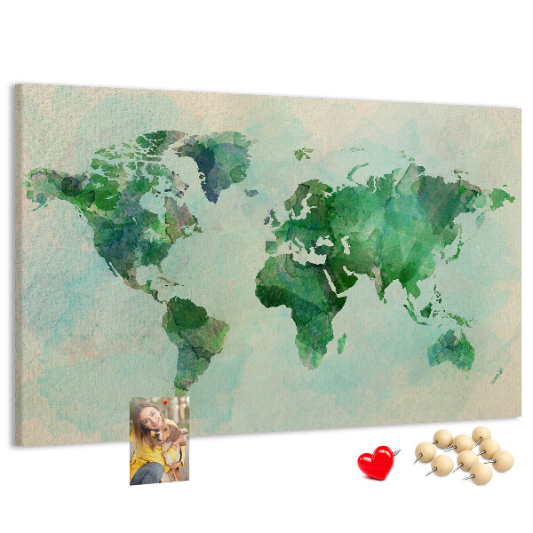 Tablero de anuncios mapa del mundo en acuarela verde