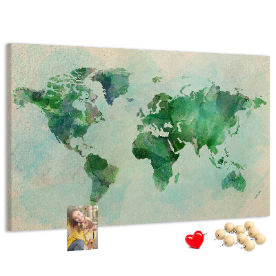 Tablero de anuncios mapa del mundo en acuarela verde