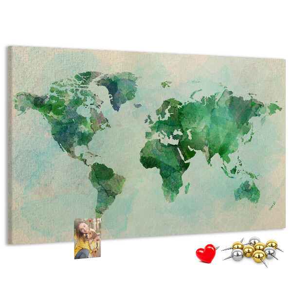 Tablero de anuncios mapa del mundo en acuarela verde