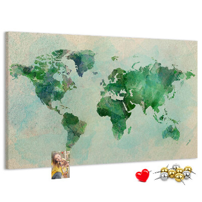 Tablero de anuncios mapa del mundo en acuarela verde