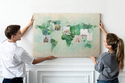 Tablero de anuncios mapa del mundo en acuarela verde