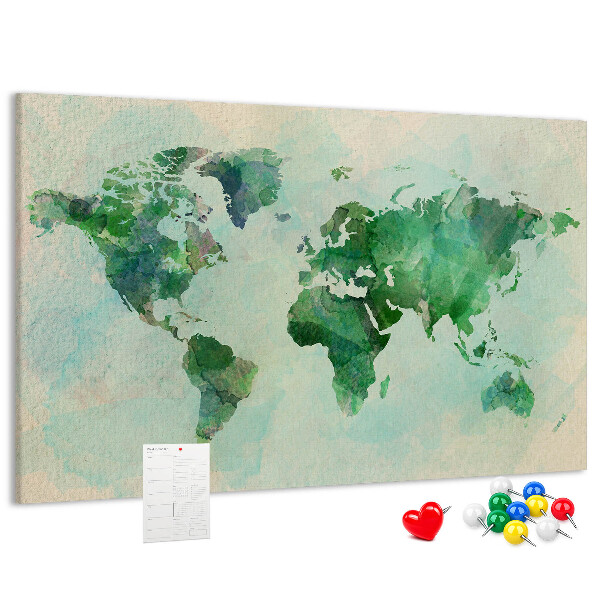 Tablero de anuncios mapa del mundo en acuarela verde