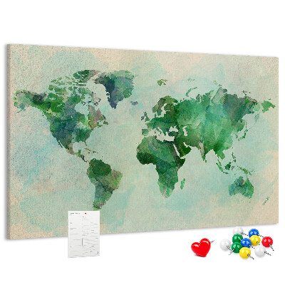 Tablero de anuncios mapa del mundo en acuarela verde