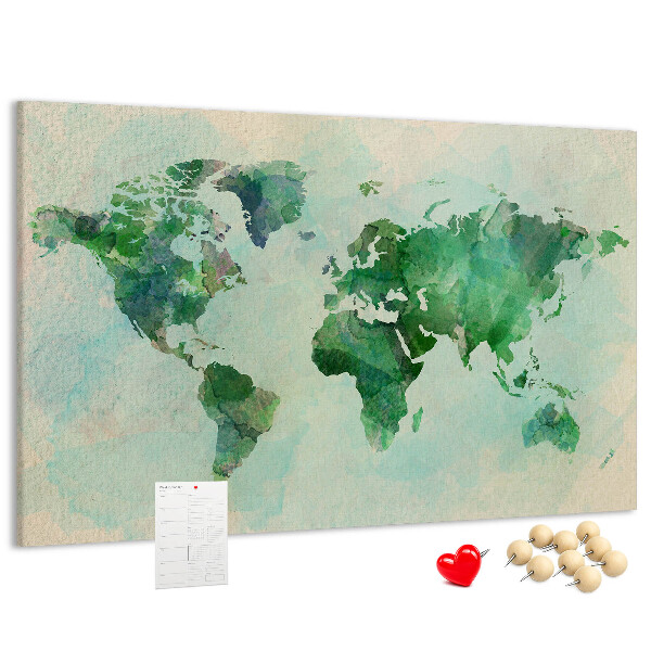 Tablero de anuncios mapa del mundo en acuarela verde