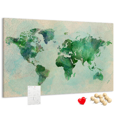 Tablero de anuncios mapa del mundo en acuarela verde