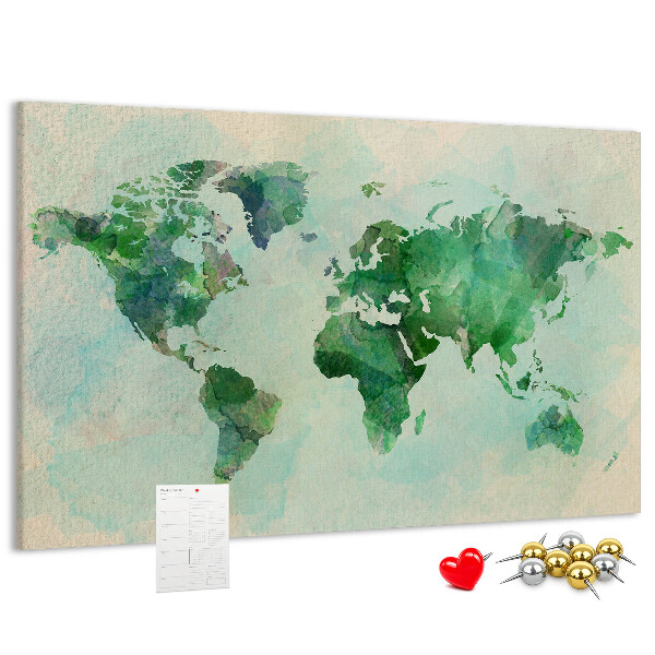 Tablero de anuncios mapa del mundo en acuarela verde