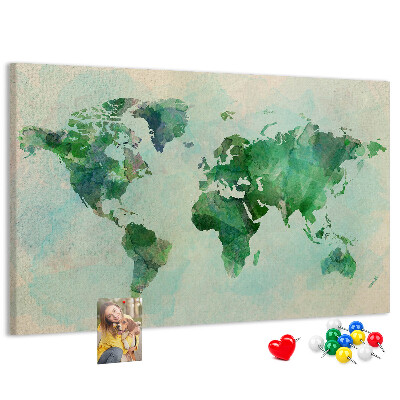 Tablero de anuncios mapa del mundo en acuarela verde