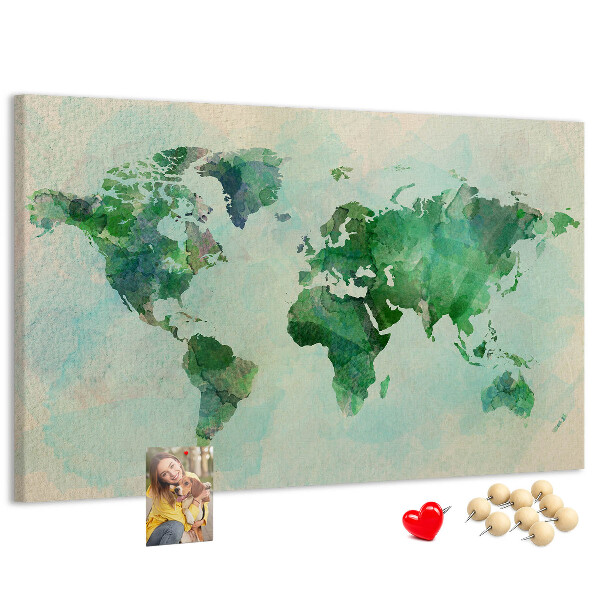 Tablero de anuncios mapa del mundo en acuarela verde