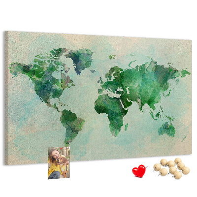 Tablero de anuncios mapa del mundo en acuarela verde