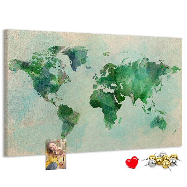 Tablero de anuncios mapa del mundo en acuarela verde