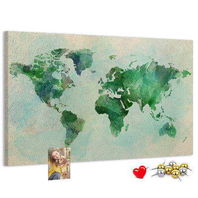 Tablero de anuncios mapa del mundo en acuarela verde