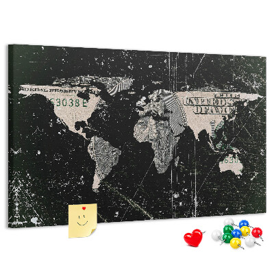 Pizarra de corcho mapamundi con diseño de billete de dólar