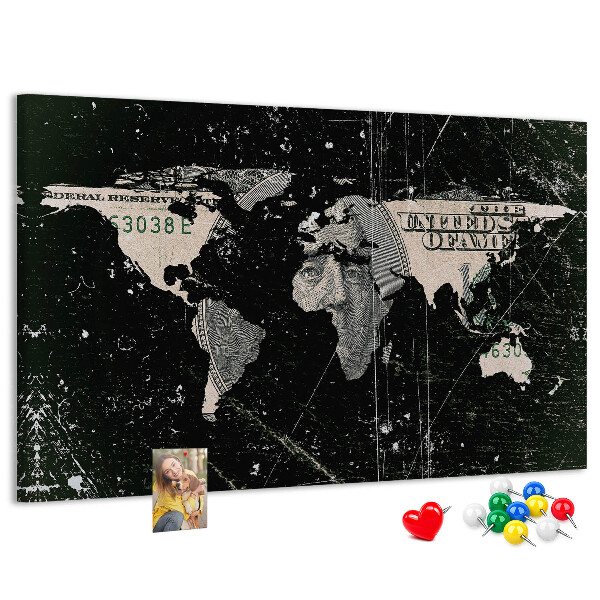 Pizarra de corcho mapamundi con diseño de billete de dólar