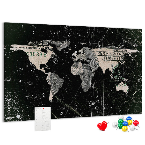 Pizarra de corcho mapamundi con diseño de billete de dólar