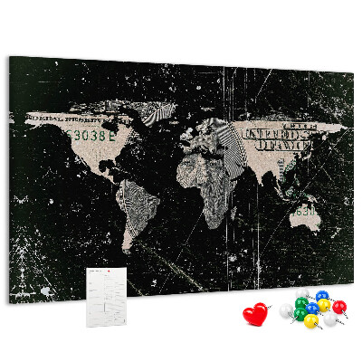 Pizarra de corcho mapamundi con diseño de billete de dólar