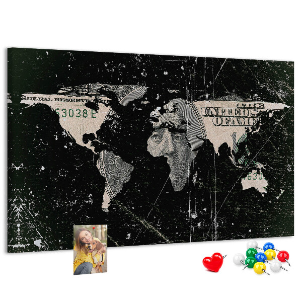 Pizarra de corcho mapamundi con diseño de billete de dólar