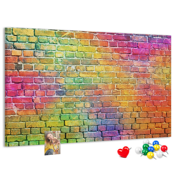 Tablero de corcho decorativo con diseño de muro de ladrillos coloridos en arcoíris