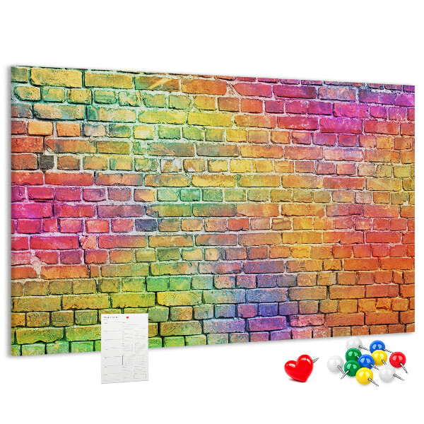 Tablero de corcho decorativo con diseño de muro de ladrillos coloridos en arcoíris