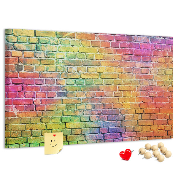 Tablero de corcho decorativo con diseño de muro de ladrillos coloridos en arcoíris