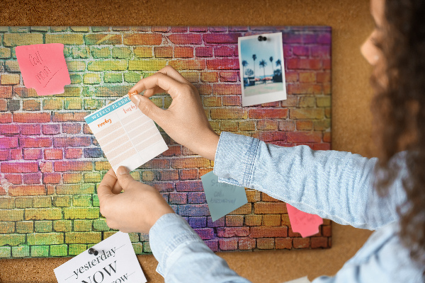 Tablero de corcho decorativo con diseño de muro de ladrillos coloridos en arcoíris