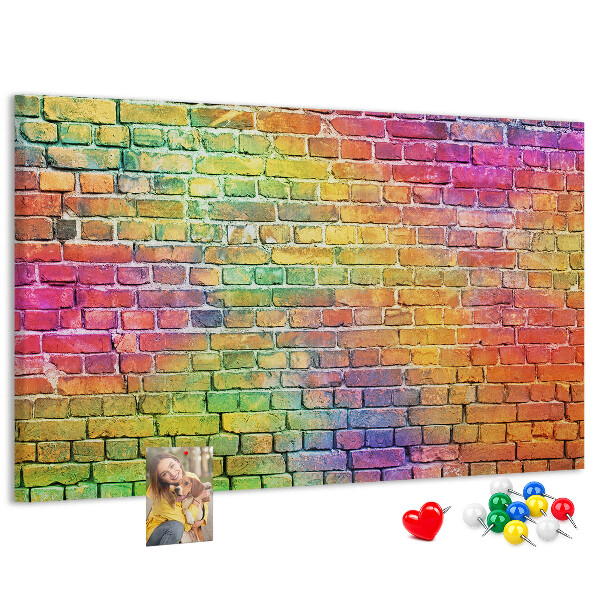Tablero de corcho decorativo con diseño de muro de ladrillos coloridos en arcoíris