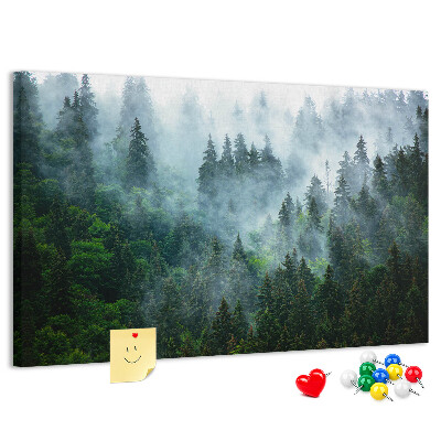 Pizarra de corcho Paisaje de bosque brumoso con pinos